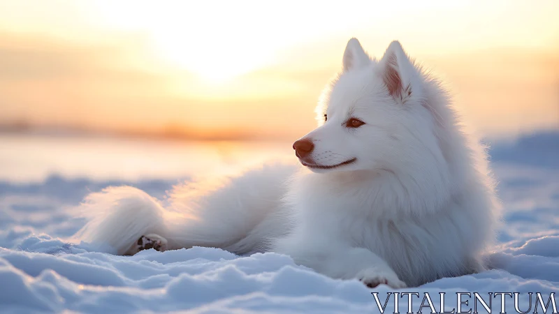 White spitz dog resting in soft winter sunset snowfield.