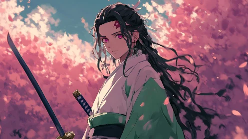 Anime swordsman under sakura canopy in dynamic three-quarter view.