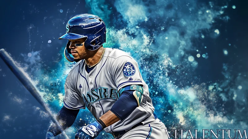 Powerful baseball swing bursting through cosmic blue energy.