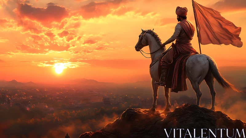 Sunlit rider watching a glowing kingdom at dusk.