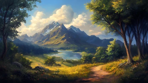 Gentle sunlit path welcomes you toward tranquil mountain lake