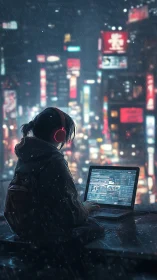 Neon city hacker on rooftop in rain soaked solitude.