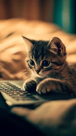 Kitten on Laptop with Focused Green Eyes.