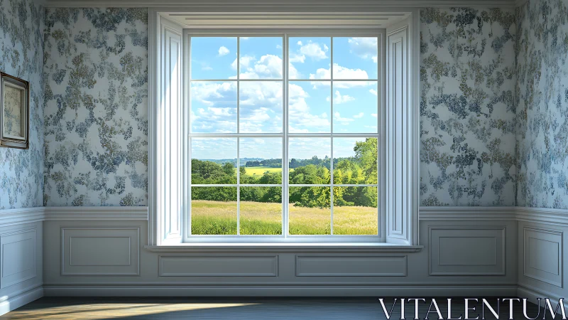 Interior wall with large window overlooking rural landscape.