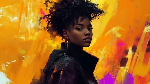 Portrait of woman before saturated abstract orange ground.