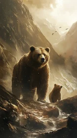 Brown bear and cub stand on rocky mountain path in mist