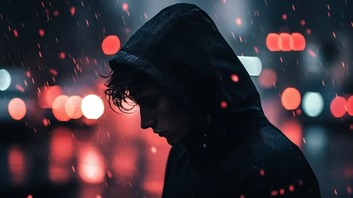 Hooded figure walks alone under neon rain on city night