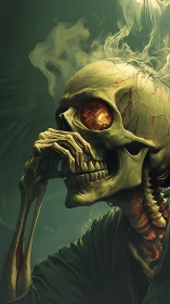 Burning-eyed skeletal figure exhales curling toxic smoke.