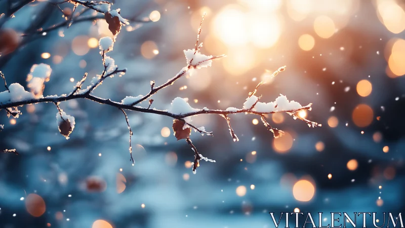 Photorealistic winter branch with snow and warm bokeh glow.