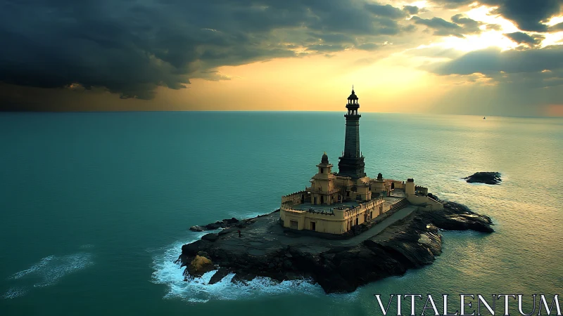 Stormlit sea fortress cradling a solitary watchtower at dusk.