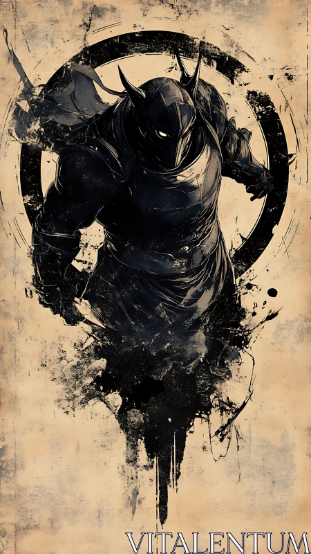 Ink-splattered dark knight emerging from circular sigil.