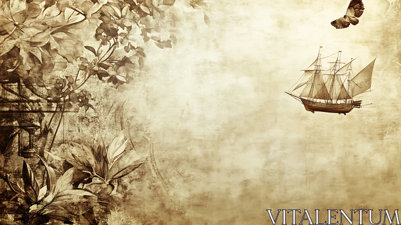 Vintage sepia ship sails past ornate floral border illustration