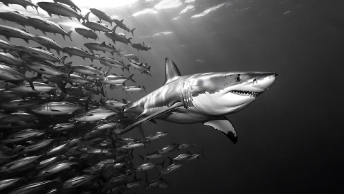 Monochrome great white shark slicing through dense baitball