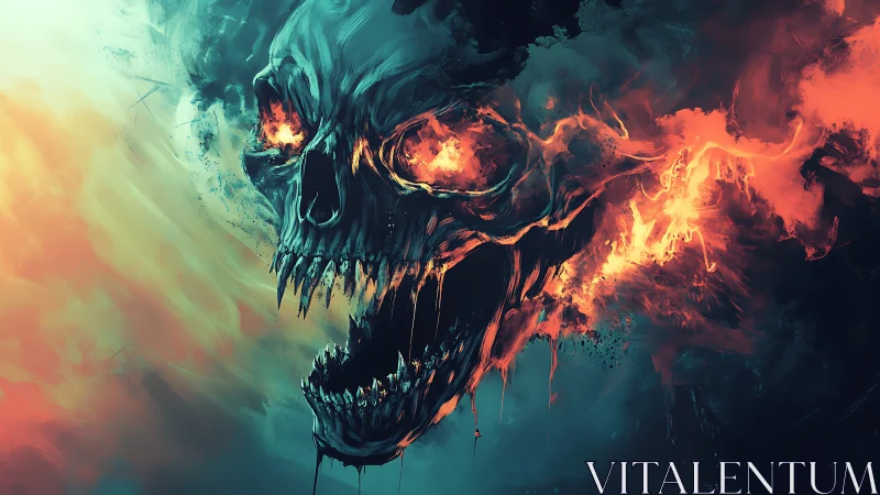 Flaming spectral skull erupts from swirling cosmic darkness.