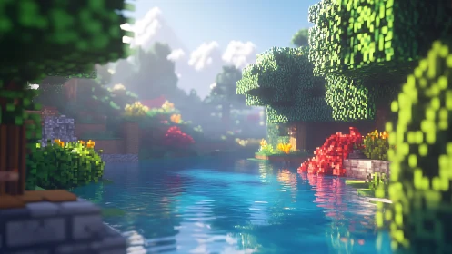 Voxel riverside landscape under soft volumetric daylight.