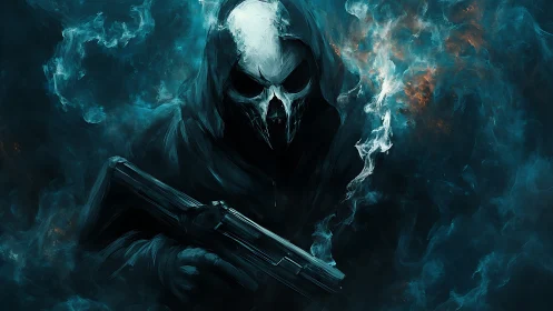 Hooded skull gunman emerging through swirling blue smoke.