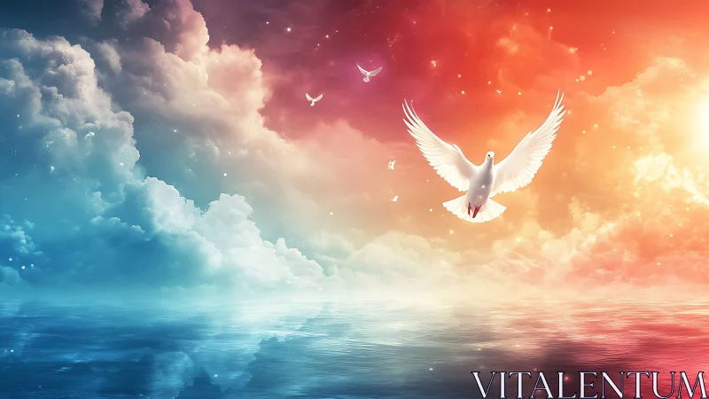 Skyfire doves rising over a dream-bright ocean horizon.