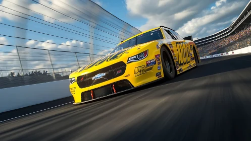 Yellow thunderstock rockets along sunlit speedway wall.