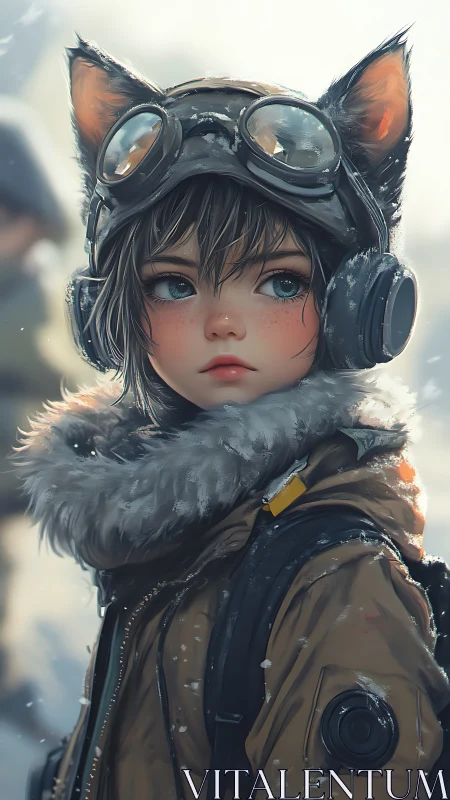 Snowfield fox-eared pilot girl in fur parka and goggles