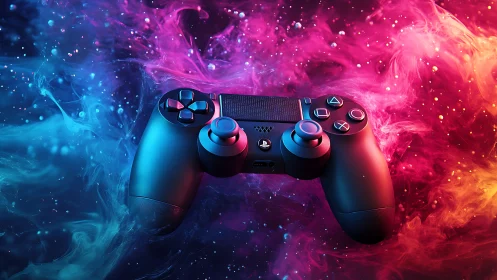 Neon cosmos controller drifting through electric gamer haze.