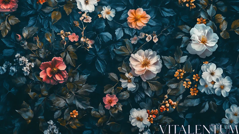 Floral Garden with Layered Blossoms and Deep Teal Foliage