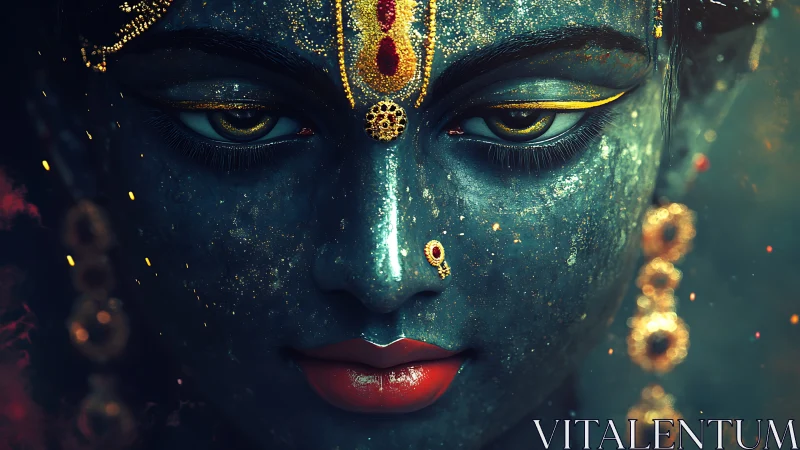 Divine blue visage glows with molten gold accents.
