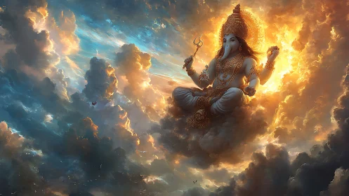 Divine elephant-headed deity seated amid glowing clouds.