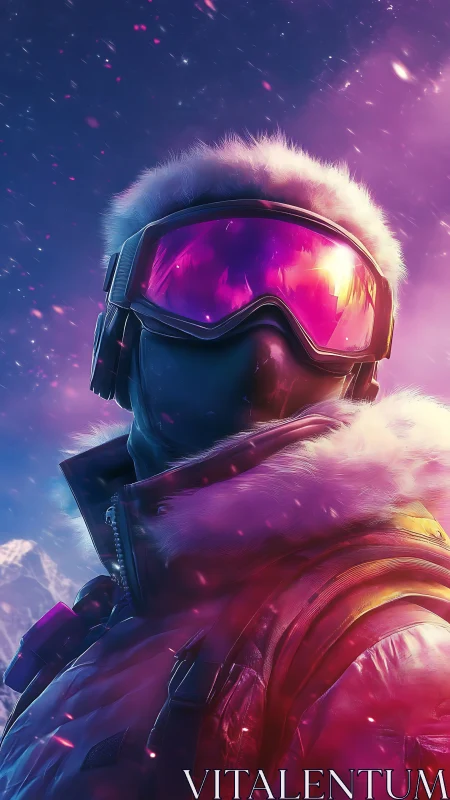 Futuristic arctic explorer in neon snowstorm glow.