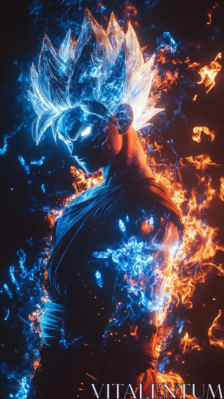 Stylized anime warrior is rendered with dual elemental energy