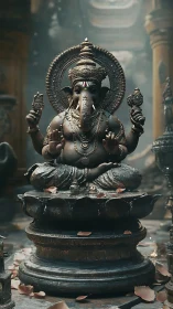 Bronze Ganesha statue on lotus pedestal in soft temple light