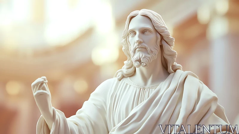 Marble-like digital messianic statue under diffused atrium light.