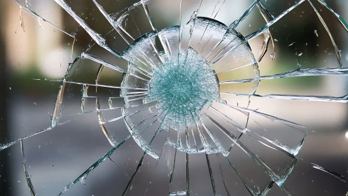 Radial impact fracture in tempered glass pane, macro detail