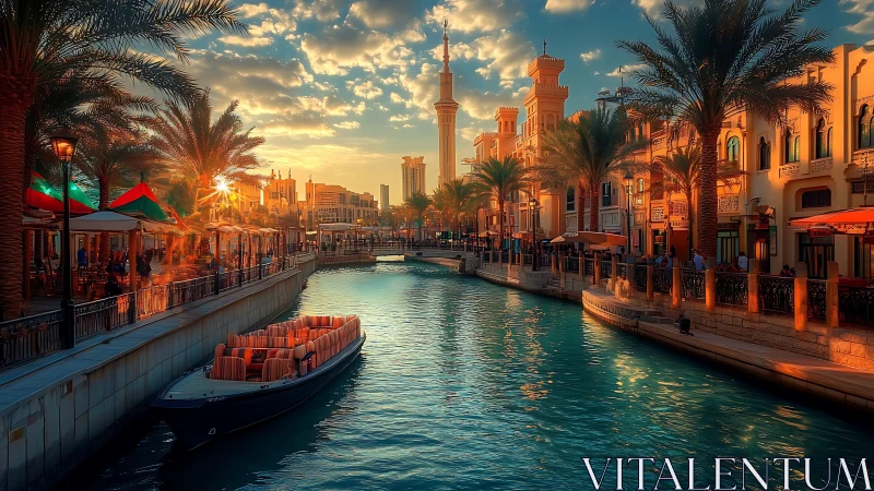 Urban canal with moored passenger boat under warm sunset light