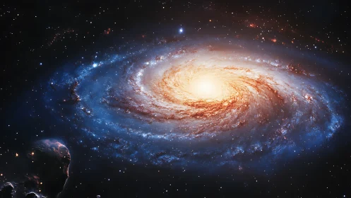 Spiral galaxy is depicted with bright central bulge and dust lanes