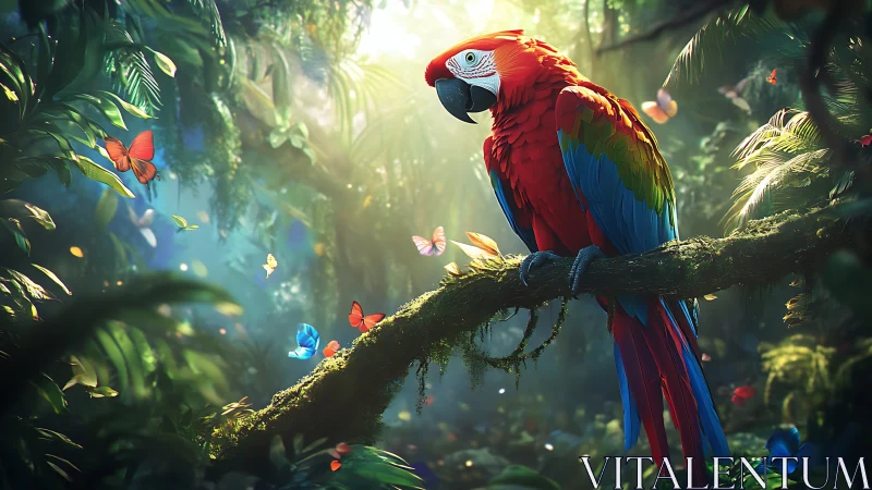Scarlet macaw on jungle branch with colorful butterflies.