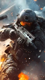 Futuristic soldier charging through sparks and swirling fire.