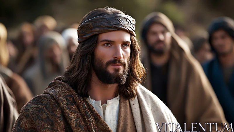 Bearded man in robe stands outdoors among blurred crowd