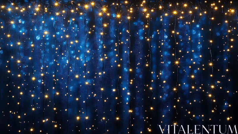 Golden string lights glow against deep blue curtain backdrop