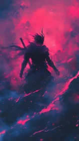 Silhouetted swordsman in neon magenta and deep blue haze.