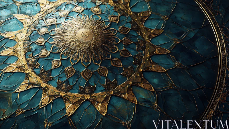 Golden sunburst mandala over deep teal cracked texture.