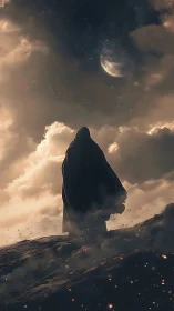 Cloaked observer on aerated ridge beneath crescent nebula sky.