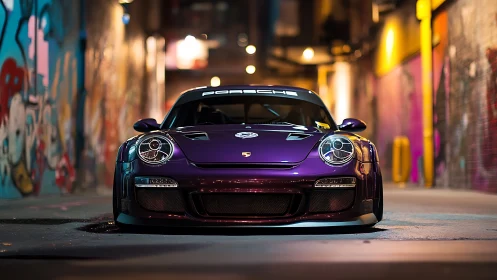 Purple sports car glows defiantly in neon graffiti alley night
