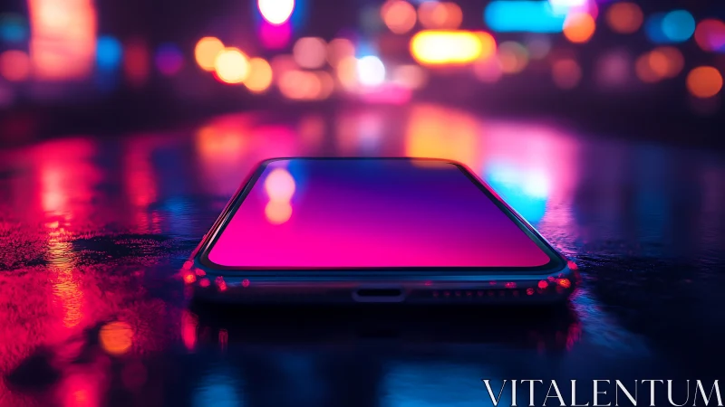 Edge-to-edge smartphone on wet neon surface under shallow depth