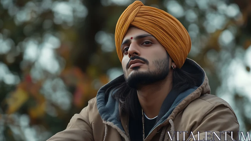 Young man in orange turban outdoors with calm expression.