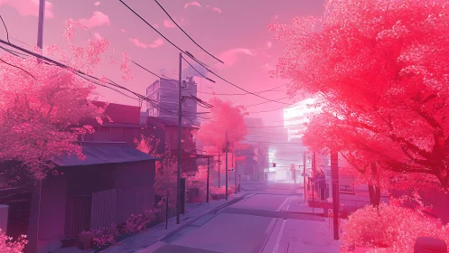 Pastel pink city street glows under stylized spring light