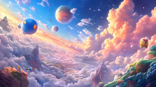 Floating orbs above cloudscape with distant planets visible.