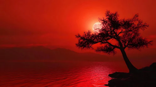 Leaning shoreline tree silhouettes against crimson lunar seascape