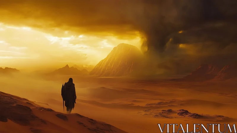 Lone wanderer crosses stormlit desert beneath burning sky