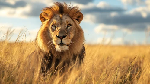 Sunlit savanna monarch resting in a sea of golden grass.