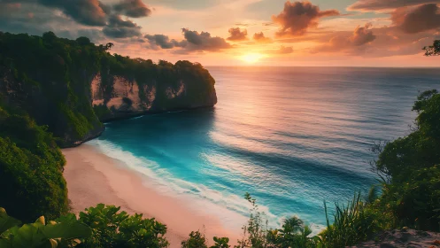 Sunset glow over a quiet tropical cliffside beach escape.